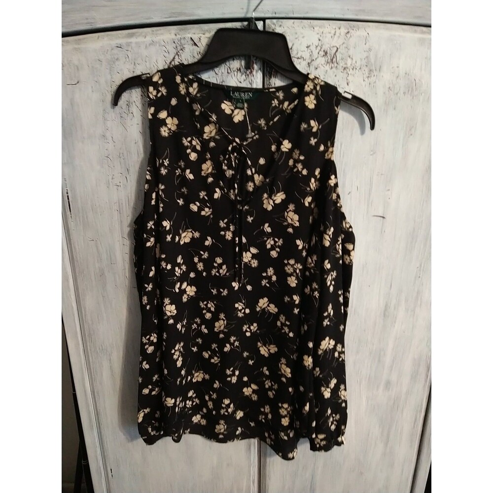 Lauren Ralph Lauren Cold Shoulder Large Black Floral Print Top